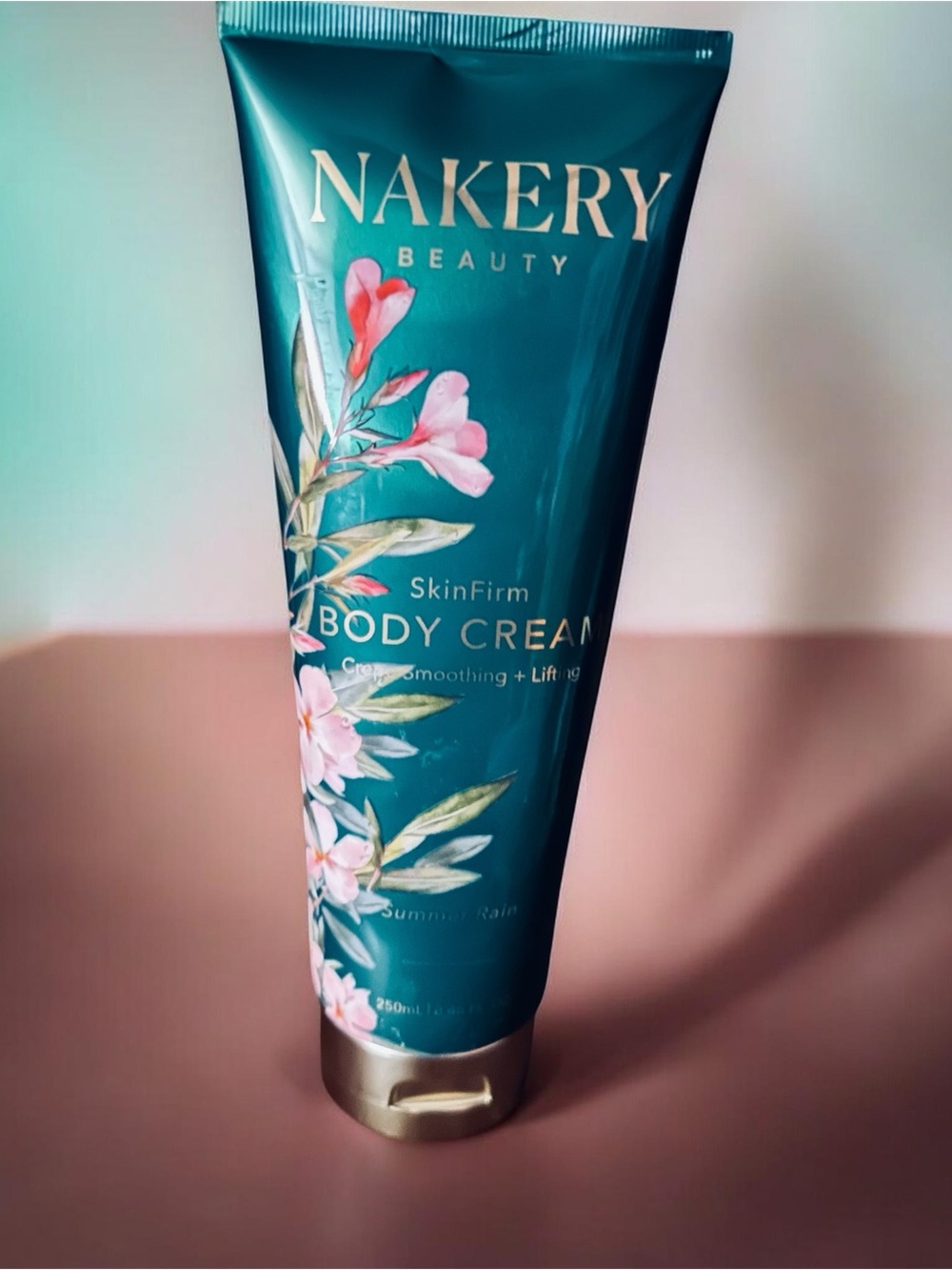 Nakery Beauty SkinFirm Body Cream - Teal with Pink Floral Accents  Summer rain